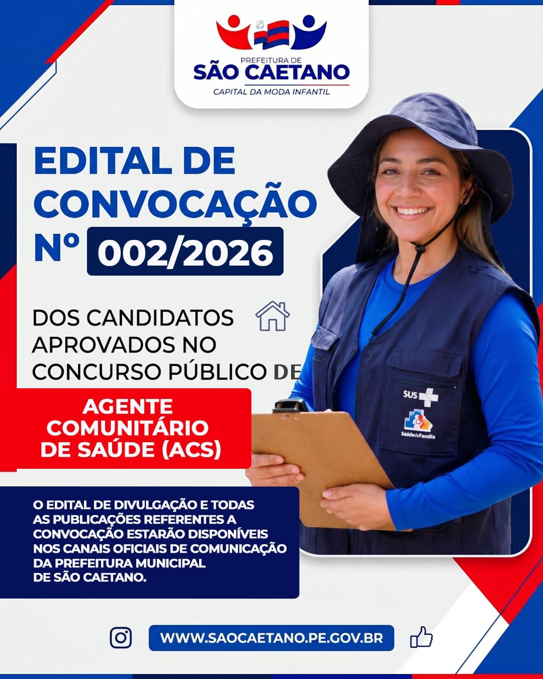 A Prefeitura de São Caetano divulga o Edital de Convocação nº 002/2026 dos candidatos aprovados no concurso público para Agente Comunitário de Saúde (ACS).